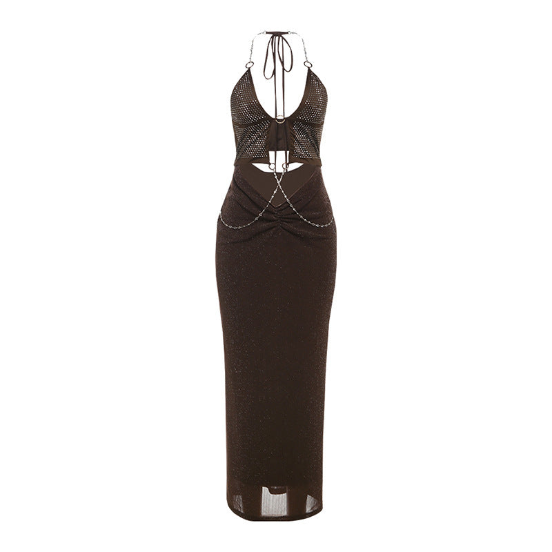 Women Clothing Summer Sexy Halter Lace up Hollow Out Cutout Rhinestone Chain Slim Fit Dress Women