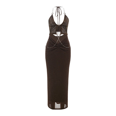 Women Clothing Summer Sexy Halter Lace up Hollow Out Cutout Rhinestone Chain Slim Fit Dress Women