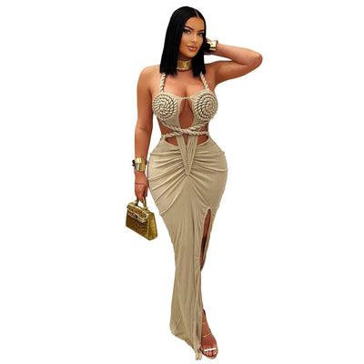 Women Wear Sexy Knitted Halter Backless Solid Color Dress