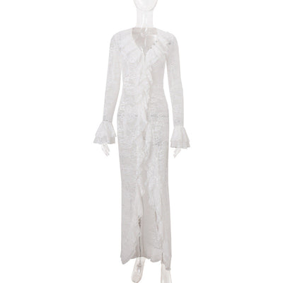 Women Clothing Autumn Sexy Hollow Out Cutout out Solid Color Stringy Selvedge Irregular Asymmetric Bell Sleeve Dress