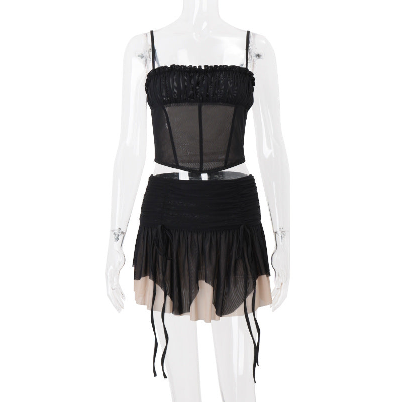 Women Clothing Summer Sexy Mesh Irregular Asymmetric Top Sexy Color Block Skirt Set