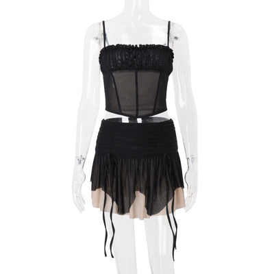 Women Clothing Summer Sexy Mesh Irregular Asymmetric Top Sexy Color Block Skirt Set