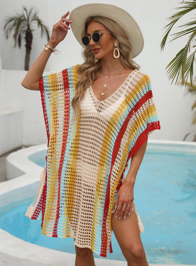 Women Clothing Color Contrast Patchwork Woven Hollow Out Cutout Beach Vacation Beach Cover Up Lace Up Dress