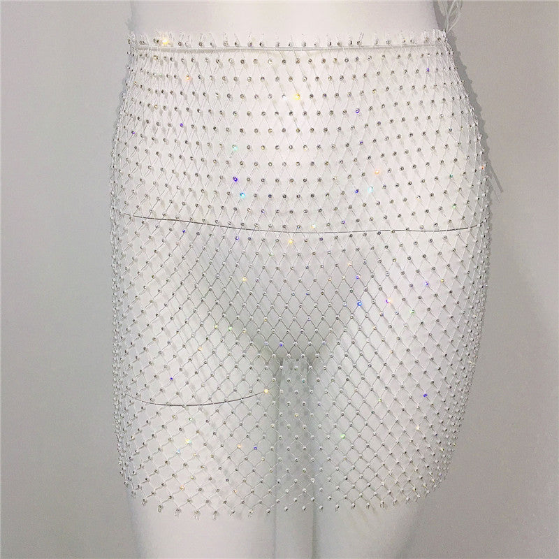 Women Clothing Sexy Fishnet Rhinestone Skirt Sweet Spicy Mini Skirt Rhinestone Miniskirt Women