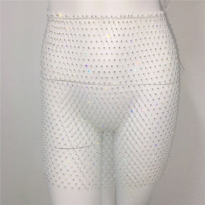Women Clothing Sexy Fishnet Rhinestone Skirt Sweet Spicy Mini Skirt Rhinestone Miniskirt Women