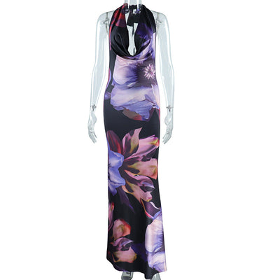 Women Clothing Digital Printed Sexy Draped Collar Long Midi Dress