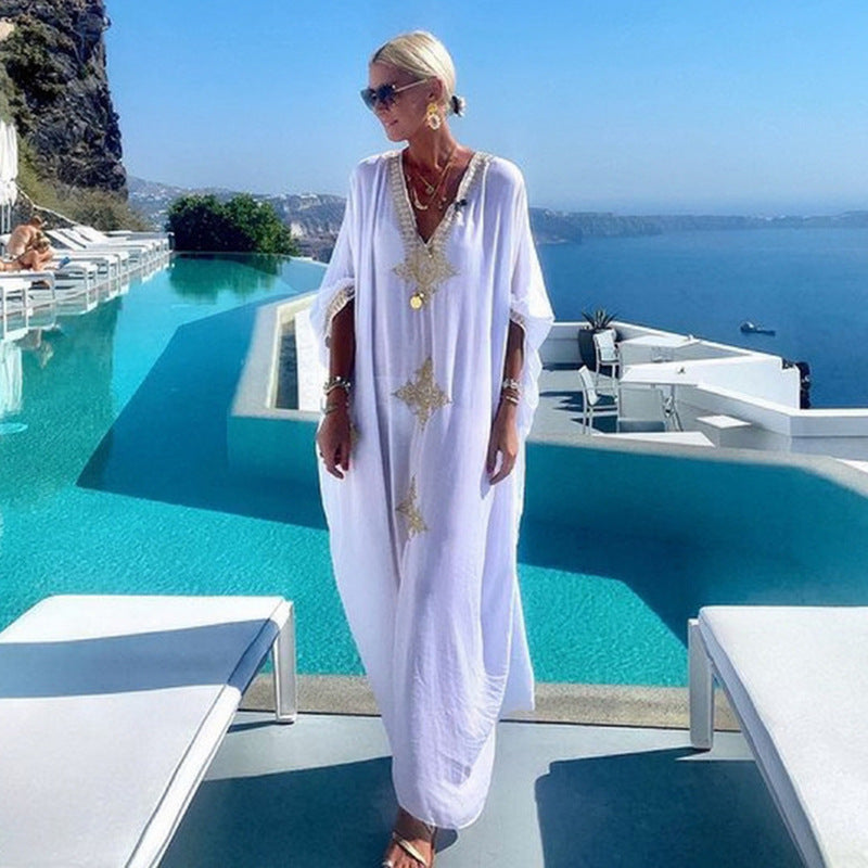 Embroidery Robe Beach Jacket Sun Protection Long Skirt Beach Cover Up Swimsuit Outwear Women