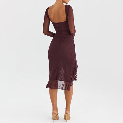 Autumn Sexy Trend Round Neck Slim Fit Long Sleeved Mesh Stitched Backless Sheath Dress