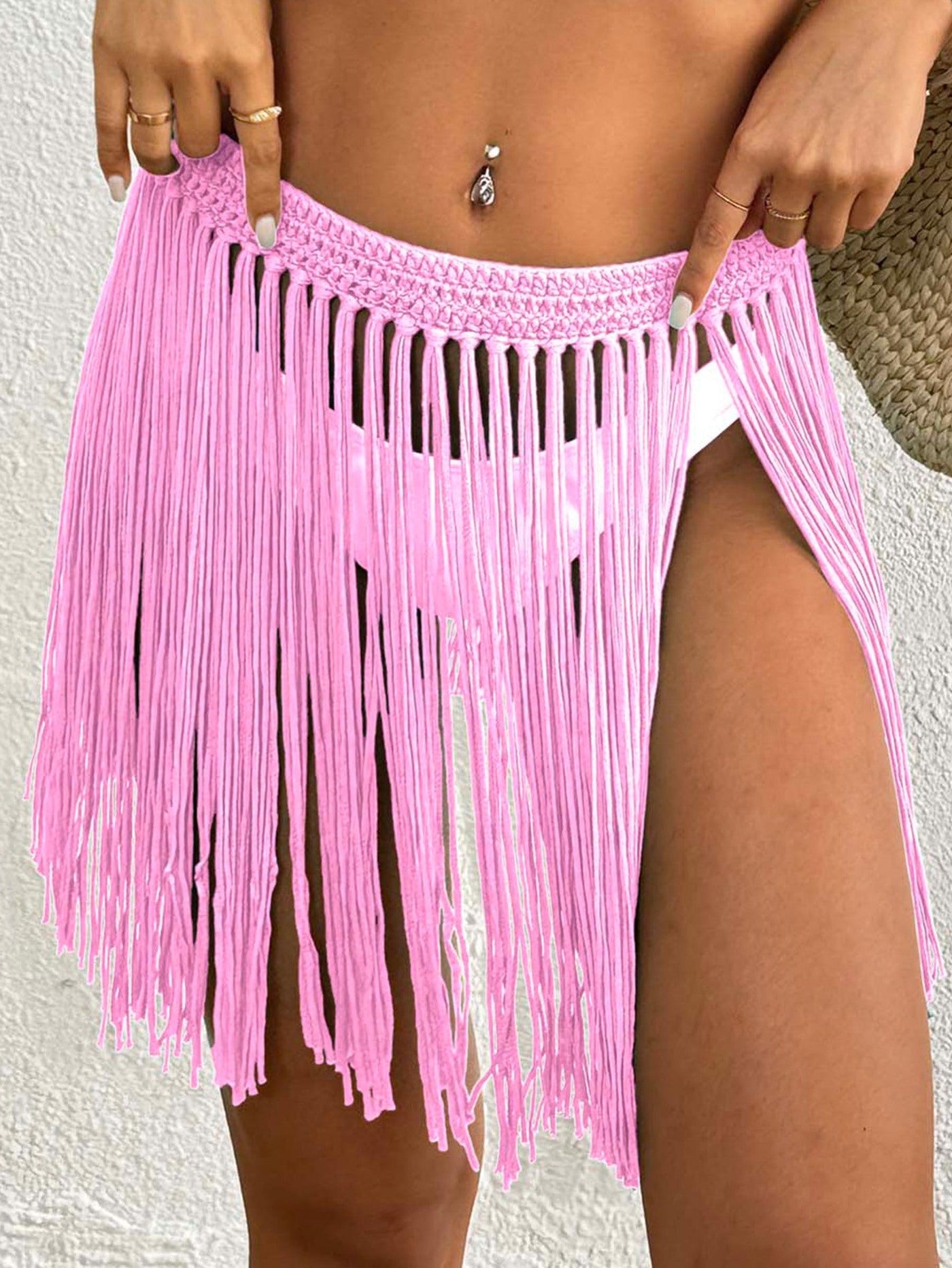 Women Lace up Skirt Women Clothing Beach Beach Cover Up Pure Hand Crocheting Tassel Skirt Overskirt