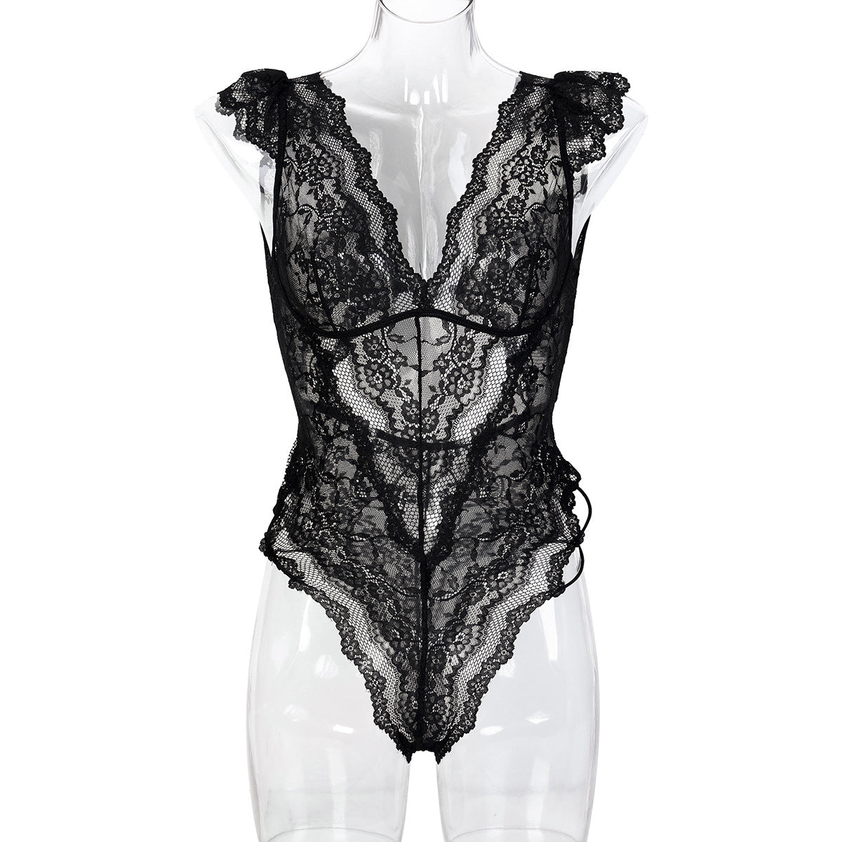 Women Clothes Mysterious Black Lace Deep V Plunge Sexy Hip Tied Jumpsuit