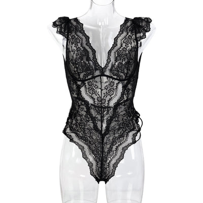 Women Clothes Mysterious Black Lace Deep V Plunge Sexy Hip Tied Jumpsuit