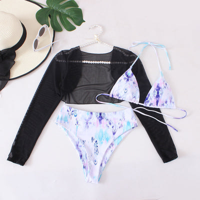 Women Seperated Swimwear Mesh Outerwear Three Piece Set Sexy Graffiti Bikini Bikini