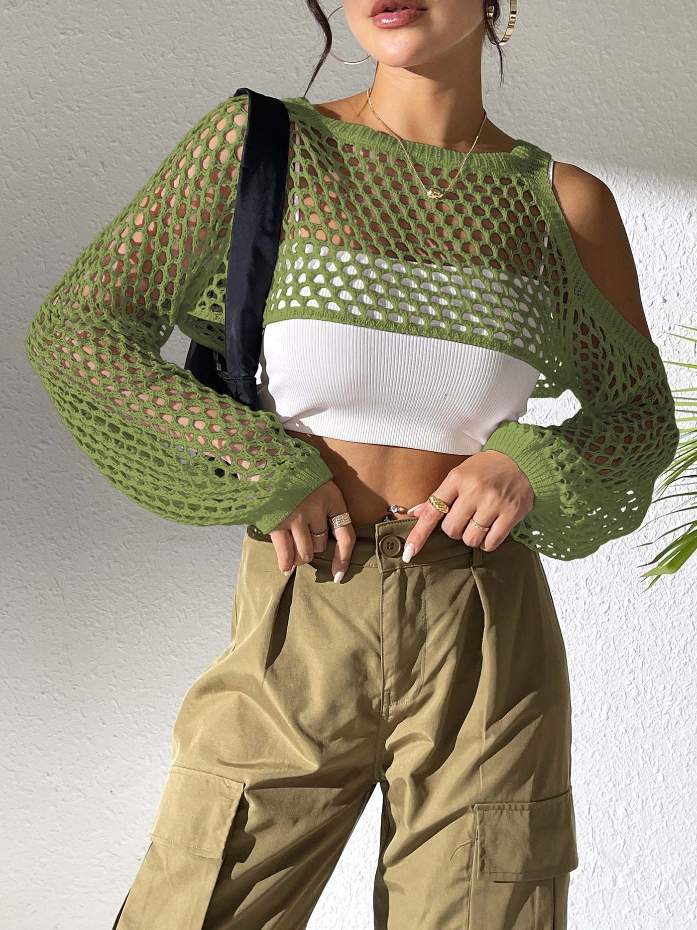 Women Clothing Sexy Cropped Hollow Out Cutout out Woolen Blouse Casual Fashionable Outerwear