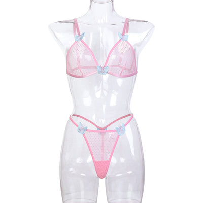Underwear Pink Two Piece Butterfly Three Dimensional Embroidery Sexy Lingerie
