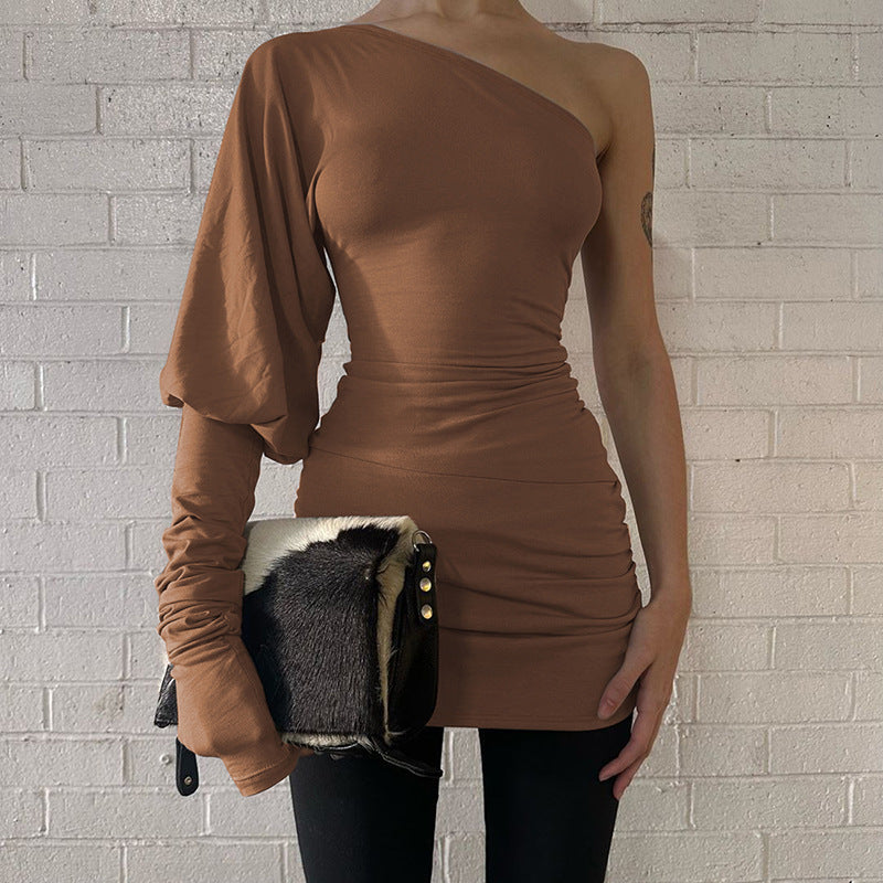 Women Clothing Winter Personality Slim Fit Diagonal Collar Shoulder Bag Hip Dress