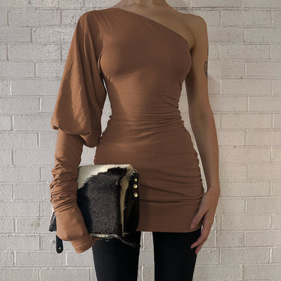 Women Clothing Winter Personality Slim Fit Diagonal Collar Shoulder Bag Hip Dress