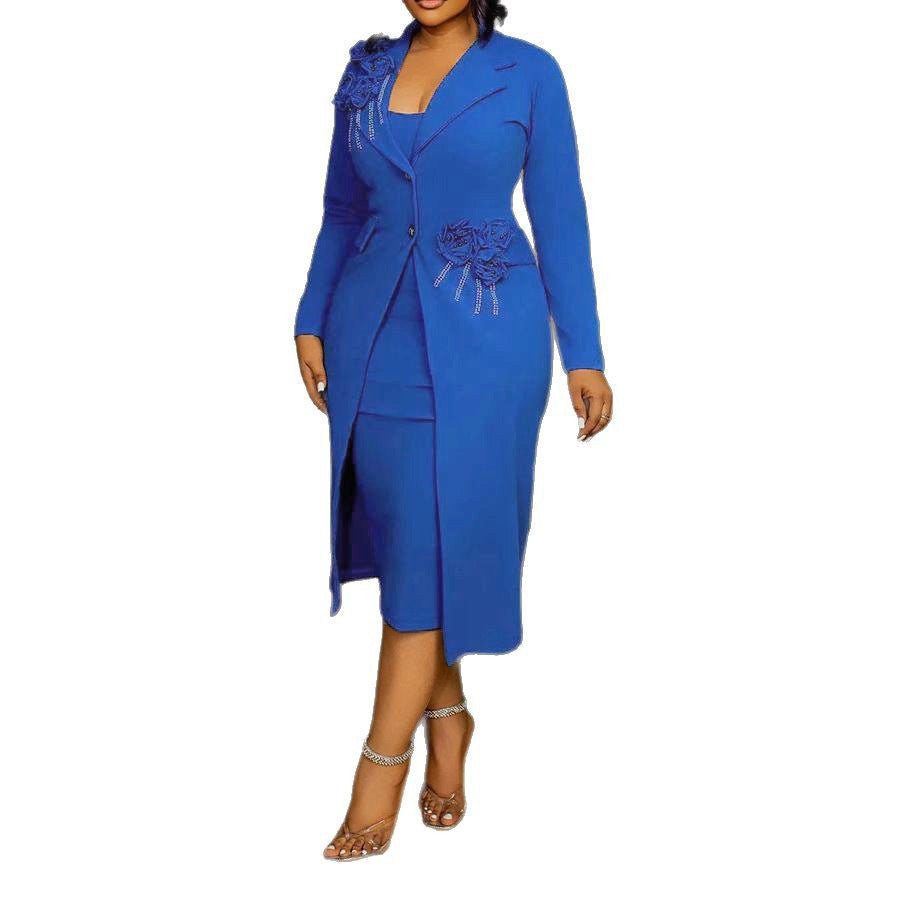 Women Elegant Stretch Slim Fit Floral Pearl Rhinestone Sheath Blazer plus Inner Suspender Two