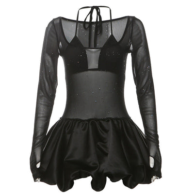 Autumn Winter Women Clothing Sexy Halter Sling Basic Mesh See through Sequ Dress Two Piece Sets Women Puffy dress