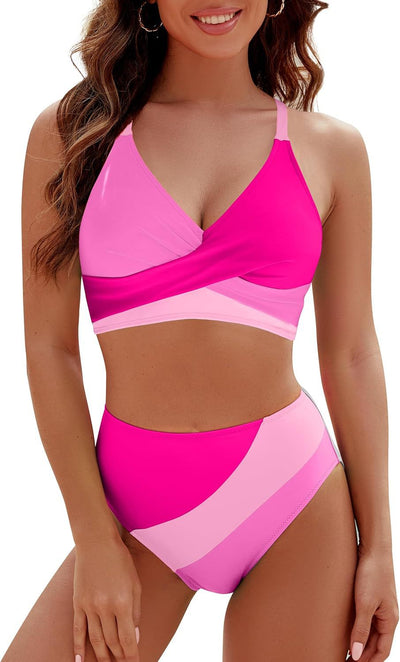 Bikini Contrast Color High Waist Lace up Sexy Split Bikini Swimsuit Swimwear