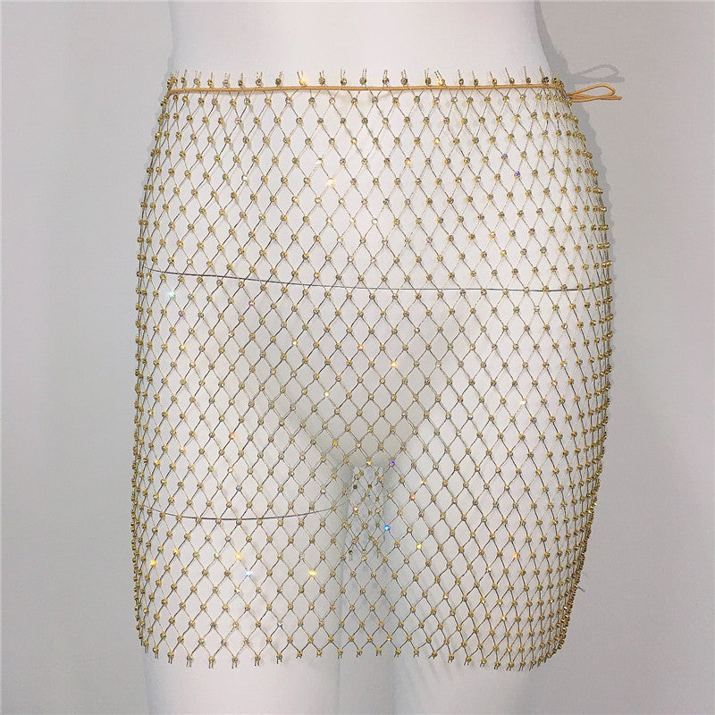 Women Clothing Sexy Fishnet Rhinestone Skirt Sweet Spicy Mini Skirt Rhinestone Miniskirt Women