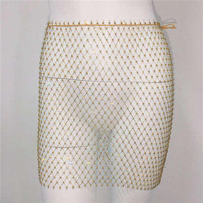 Women Clothing Sexy Fishnet Rhinestone Skirt Sweet Spicy Mini Skirt Rhinestone Miniskirt Women