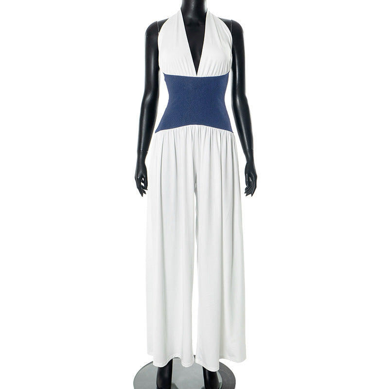 Women Clothing Spring Summer Halter Strap Contrast Color Zipper Tube Top Wide Leg Loose Jumpsuit
