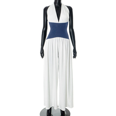 Women Clothing Spring Summer Halter Strap Contrast Color Zipper Tube Top Wide Leg Loose Jumpsuit