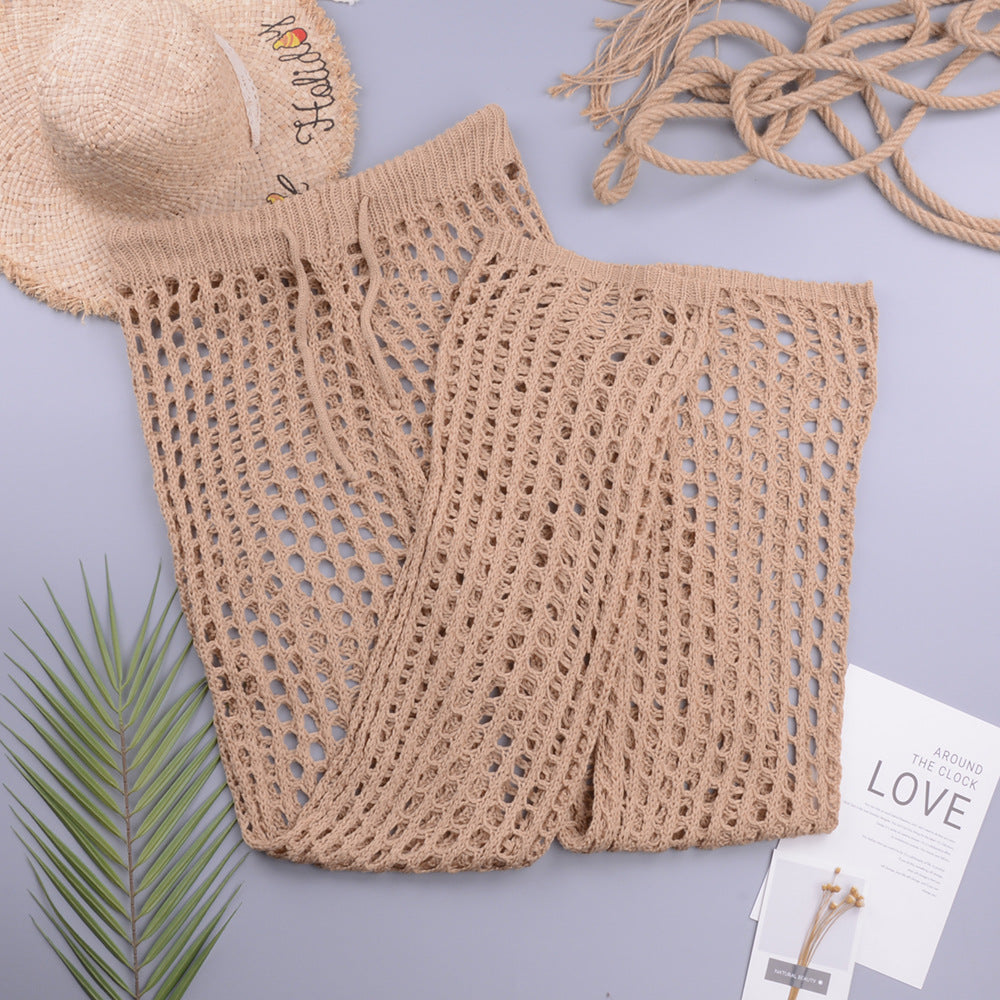 Women Solid Color Hand Crocheting Sexy Cutout Loose Wide Leg Pants Casual Women Woven Trousers