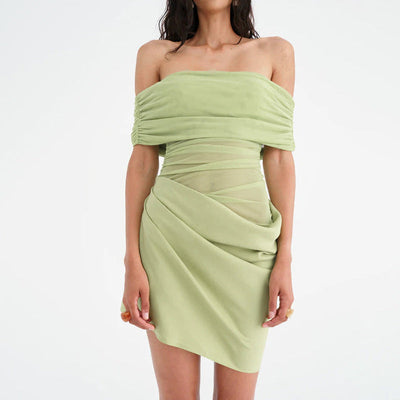 Women Clothing Mesh Stitching off Neck Transparent Slim Fit Sheath Dress
