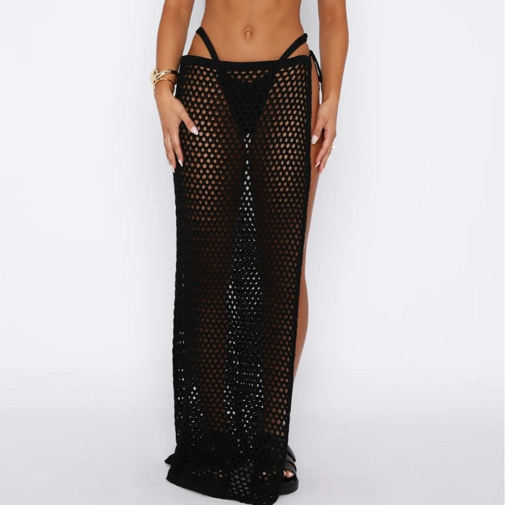 Women Clothing Beach Sun Protection Hollow Out See through High Slit Sexy Side Strap Knitted Skirt