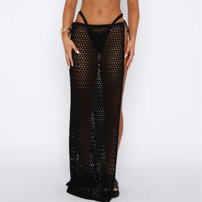 Women Clothing Beach Sun Protection Hollow Out See through High Slit Sexy Side Strap Knitted Skirt