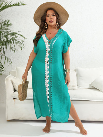 Vacation Beach Blouse Women Clothes Hand Crocheting Color Contrast Patchwork Deep V Plunge Split Dress