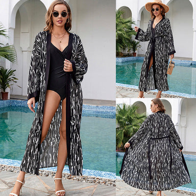 Print Holiday Beach Jacket Sun Protection Clothing Cardigan Long Bikini Cover up Swimsuit Blouse