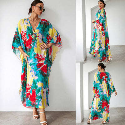 Rayon Print Holiday Loose Robe Beach Jacket Maxi Dress Bikini Cover