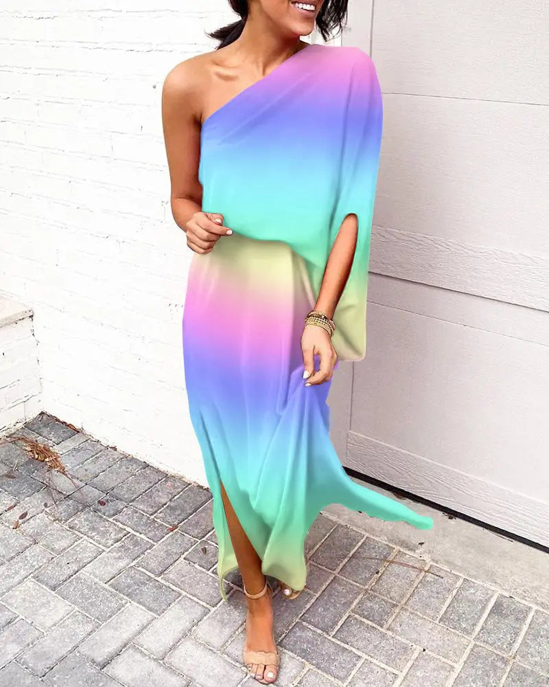 Women Clothing Dress Sexy Oblique Shoulder Elegant Single Side Sleeve Dress for Women