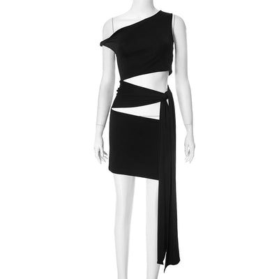 Women Clothing Summer Street Shooting Cold Shoulder Sleeveless Slim Fit Tied Short Dress