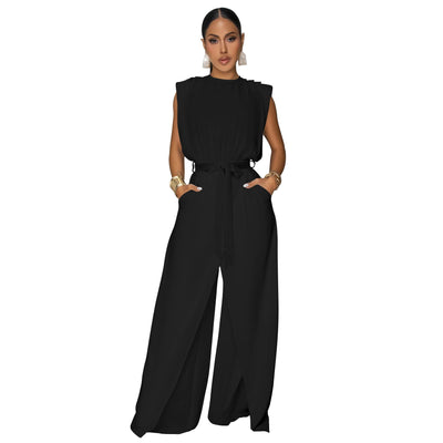 Women Wear Russia Solid Color Sleeveless Fitted Waist Jumpsuit