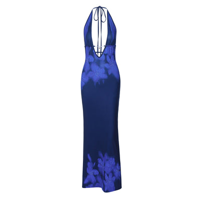Women Clothing Autumn Printed Sexy Backless Slim Fit Split Lace up Dress
