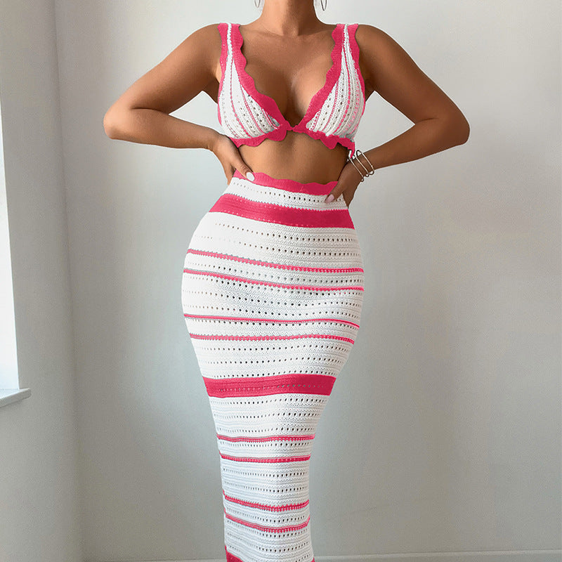 Women Striped Texture Vacation Casual Sexy Beach Bikini Skirt Two Piece Sets