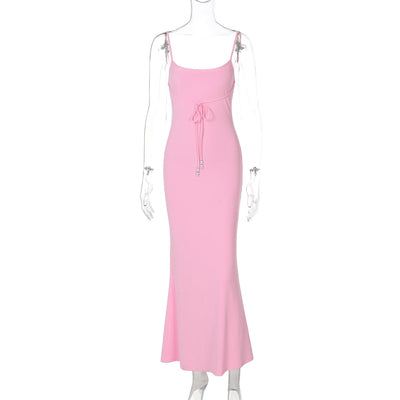 Women Clothing Summer Pure Sexy Solid Color off Neck Waist Slimming Sling Dress