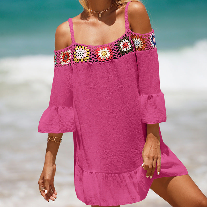 Vacation Spaghetti Straps Sun Protective Clothing Hand Crocheting Lace off-Shoulder Top Casual Short Solid-Colored Sun Protection Beach Dress