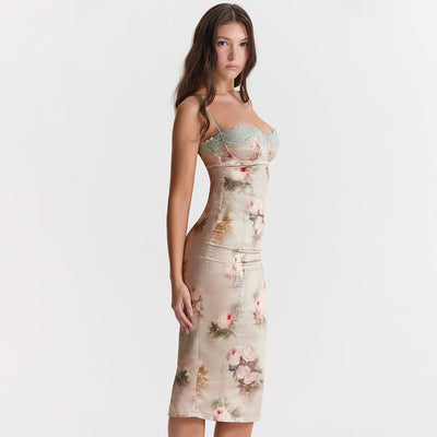 Women Clothing Sexy Lace Cami Dress Backless Sheath High Waist Midi Dress Printed Dress for Women