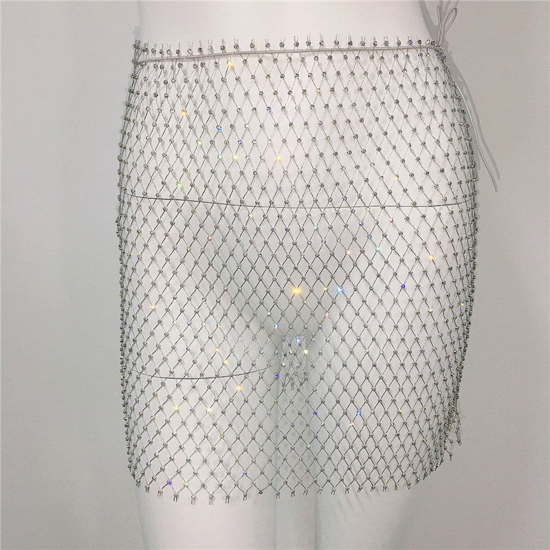 Women Clothing Sexy Fishnet Rhinestone Skirt Sweet Spicy Mini Skirt Rhinestone Miniskirt Women