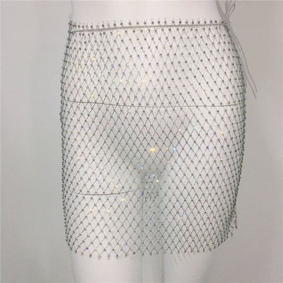 Women Clothing Sexy Fishnet Rhinestone Skirt Sweet Spicy Mini Skirt Rhinestone Miniskirt Women