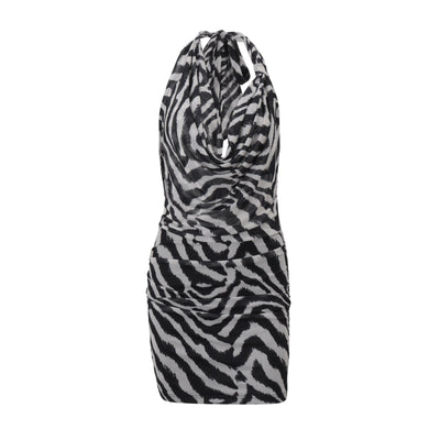 Women Clothing Autumn Sexy Halter Swing Collar Personality Zebra Pattern Sexy Hip Bag Dress Women