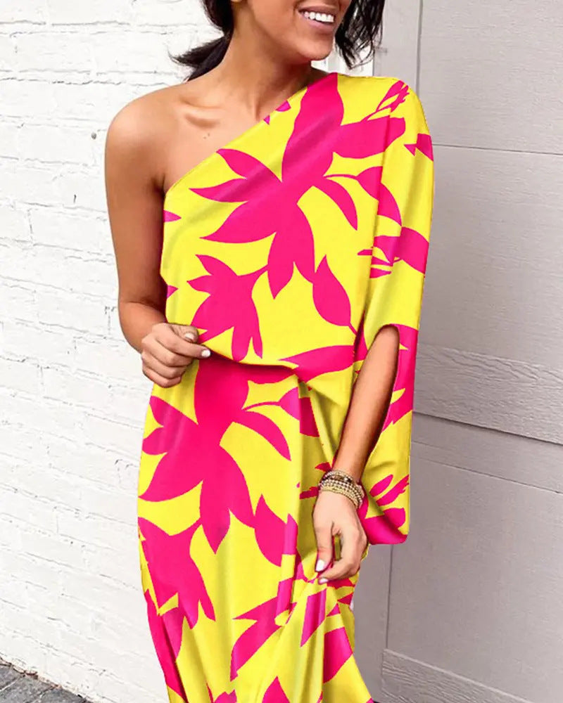 Women Clothing Dress Sexy Oblique Shoulder Elegant Single Side Sleeve Dress for Women