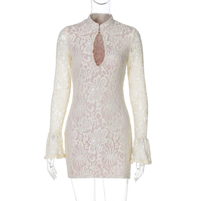 Women Clothing Winter Sexy Lace Cutout Package Hip Flare Sleeve Dress