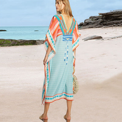 Chiffon Front Back V-neck Positioning Printed Beach Dress Loose Plus Size Vacation Blouse Robe for Women