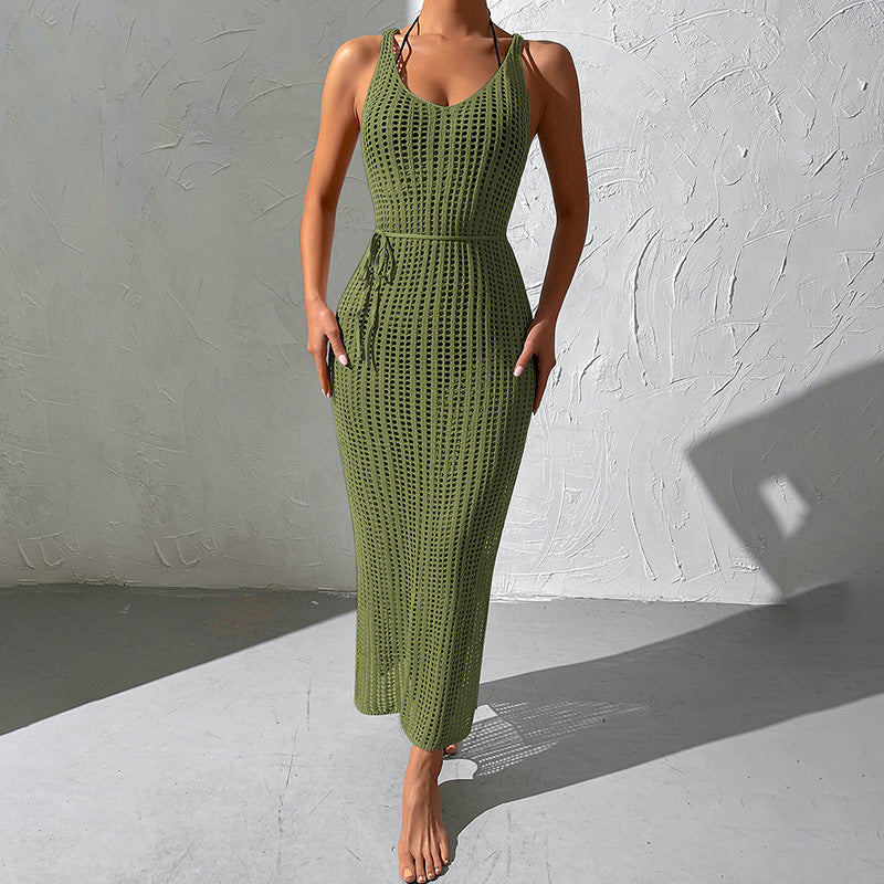 Vacation Beach Blouse Hollow Out Cutout Backless Knitted Dress Women Split Crochet hook