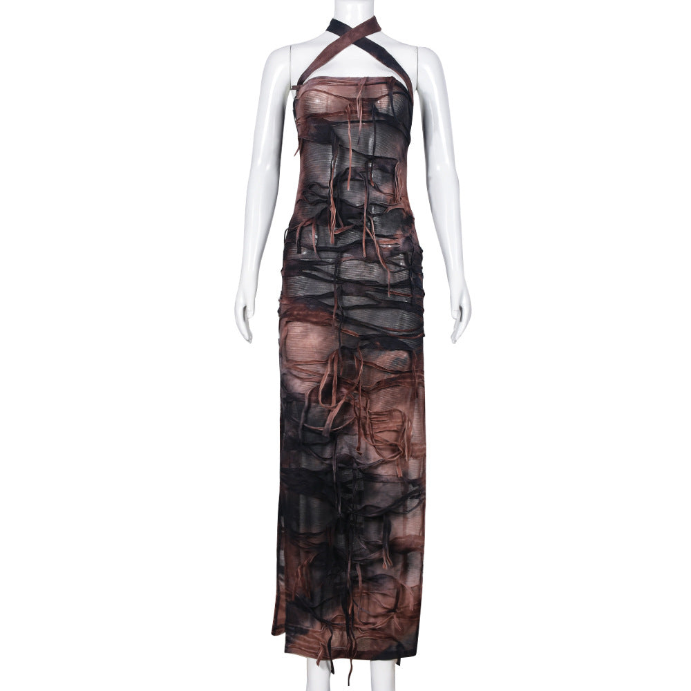 Women Clothing Autumn Tie-Dyed Tassel Split Beggar Dress Sexy Dress